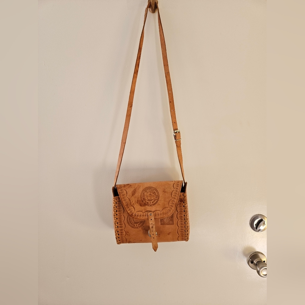 Handmade Tan Leather Womens Crossbody Bag With Designs